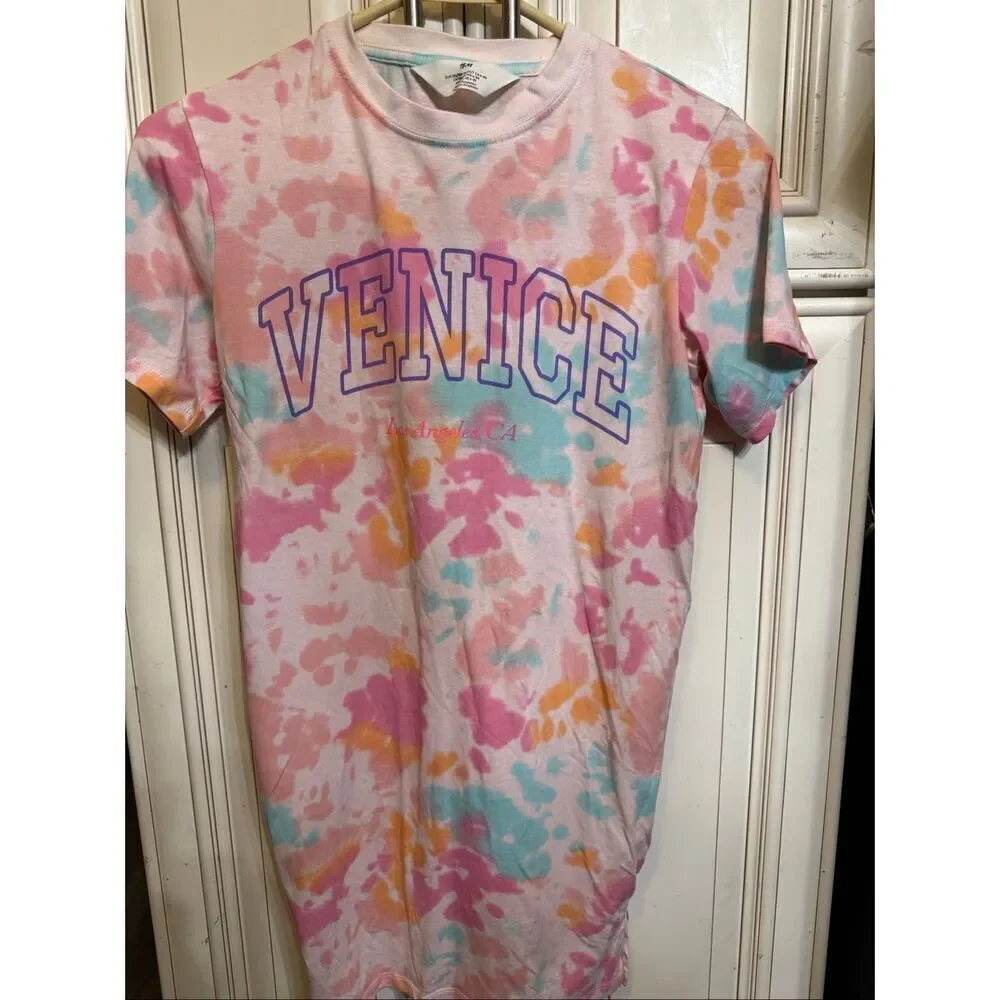 H&M Kids Crew Neck Tie Dye Venice Print T-shirt Dress Pink Multi Size 6-8Y NWOT